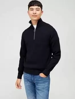 Image of Armani Exchange Ribbed Quarter Zip Knitted Jumper - Navy, Size L, Men