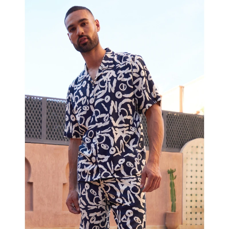 Image of Threadbare Mens Langdale Short-Sleeve Patterned Shirt Navy male Small