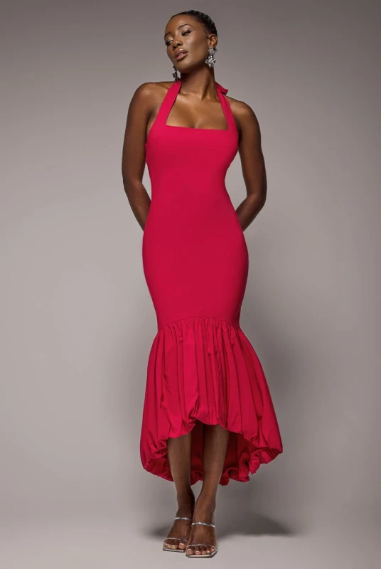 Image of Goddiva Womens Halter Neck Puff Hem Mermaid Midaxi Dress in Red Size: 14 Red Female 14