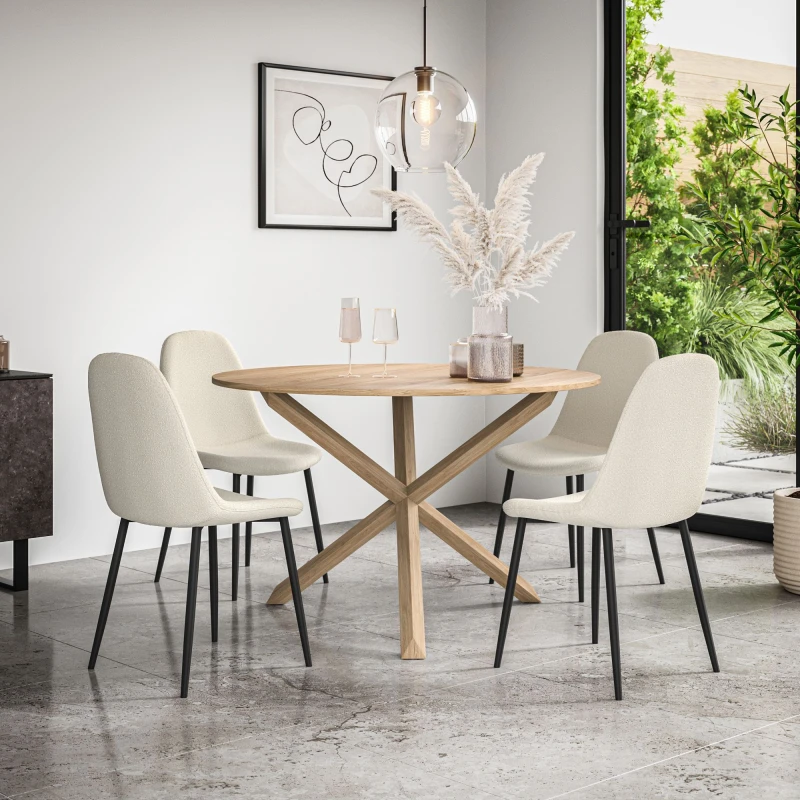 Image of More4Homes Malvern Round Dining Table And Chairs - Oak Table Top W Solid Oak Legs + Maya Boucle Dining Chair Set Of 4 (Ivory White)