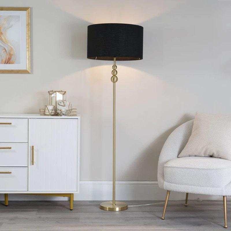 Image of ValueLights ValueLights Marissa Fabric Drum Shade with Brushed Gold Ball Floor Lamp with Bulb in Black One Size Unisex 5059406051753