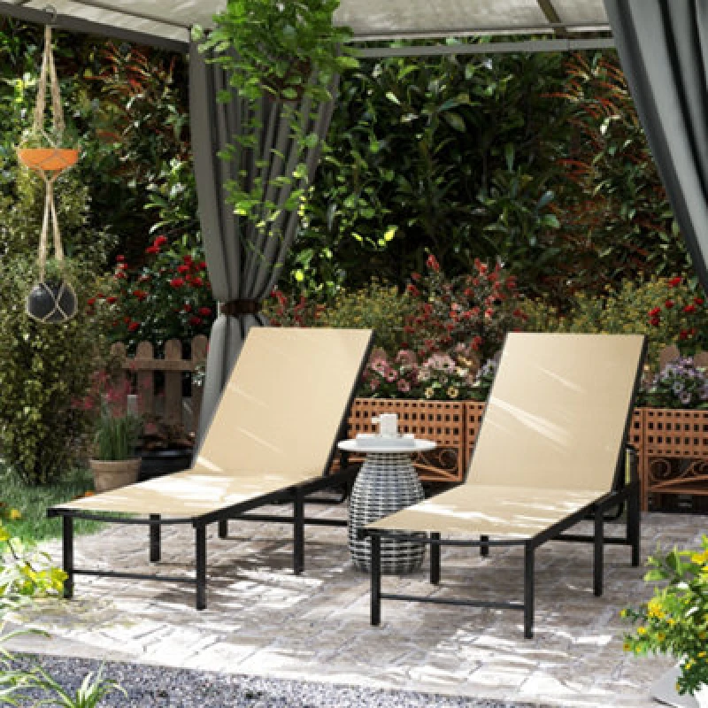 Image of Outsunny Sun Loungers Set of 2, 5-Level Reclining Sunbeds, Khaki, Cream 84G-596V03KK