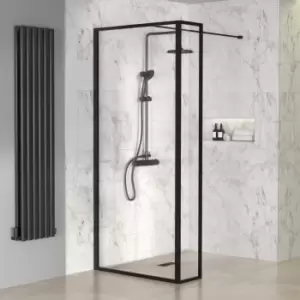 Black 800mm Framed Wet Room Shower Screen with Wall Support Bar & Return Panel - Zolla