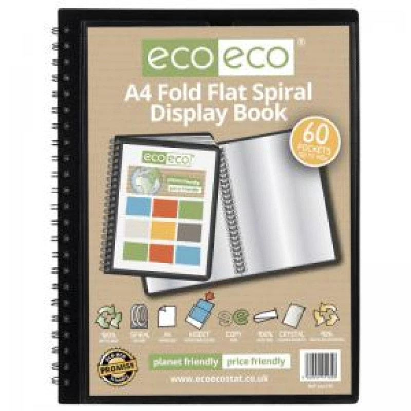 Image of Eco Eco 50% Recycled Fold Flat Spiral Display Book 60 Pockets A4 Black eco135-S