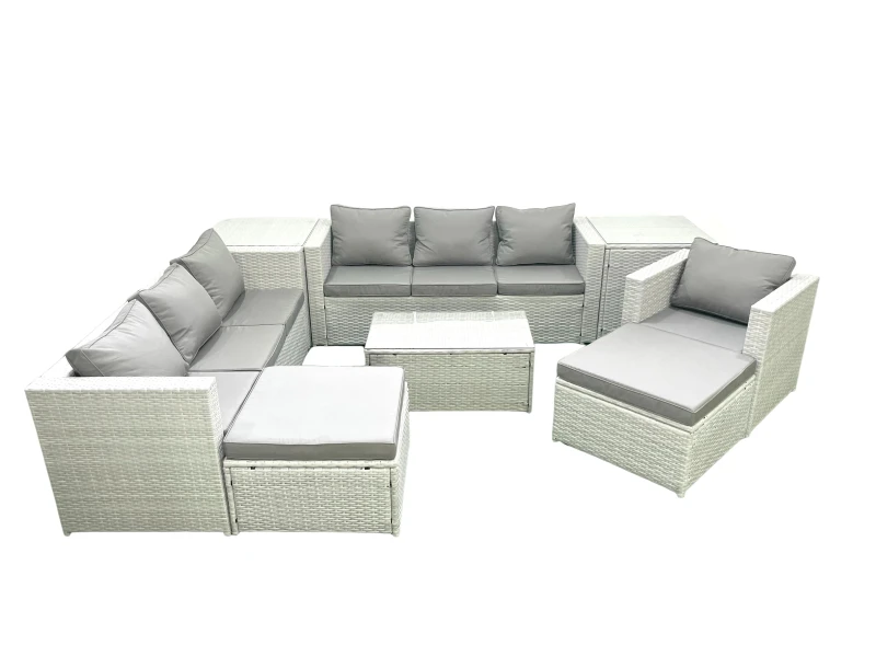 Image of Fimous Wicker PE Rattan Sofa Garden Furniture Set with Armchair Oblong Coffee Table 2 Big Footstools 2 Side Tables Light Grey Mixed Light Grey