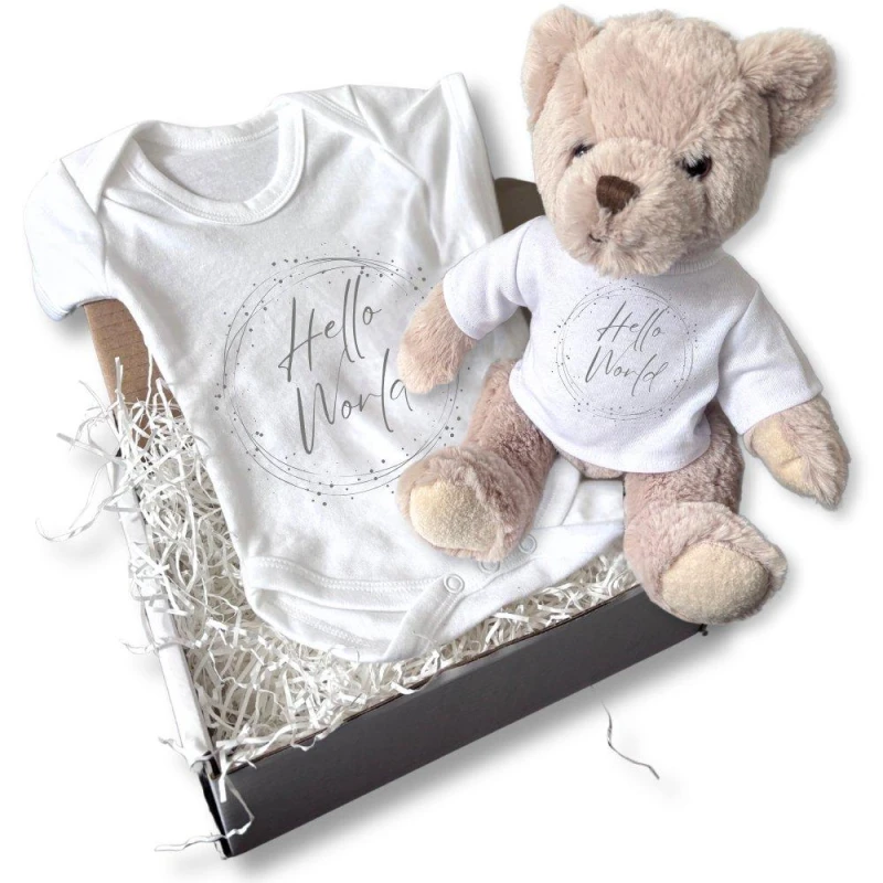 Image of Aye Do Gifts Hello World Circle Gift Hamper - Teddy & Baby Vest White unisex 0-3 Months