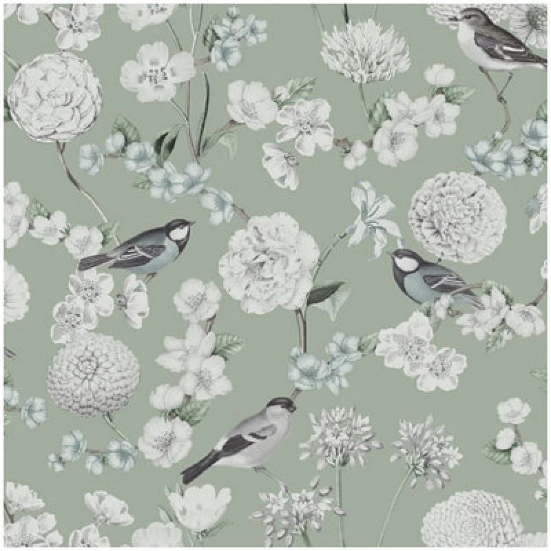 Image of Muriva Avery Floral Wallpaper Sage Green Birds White Blossoms Botanical Natural