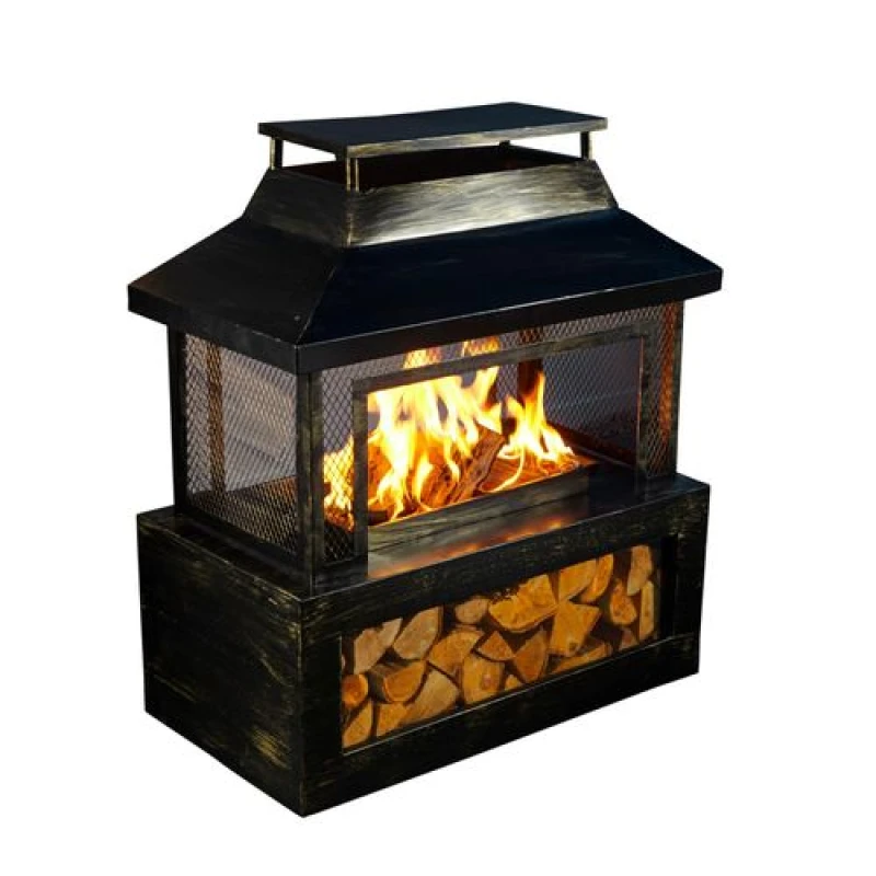 Image of Neo Neo Black Outdoor Fire Pit Log Burner With Mesh Surround and Storage
