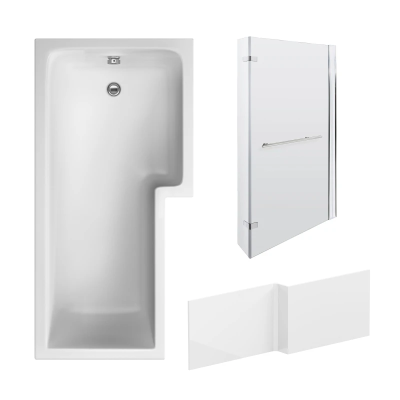 Image of BALTERLEY Balterley - 1700mm Right Hand l Shape Bathtub, Front Panel with Bath Screen - Chrome Profile BBZSS010