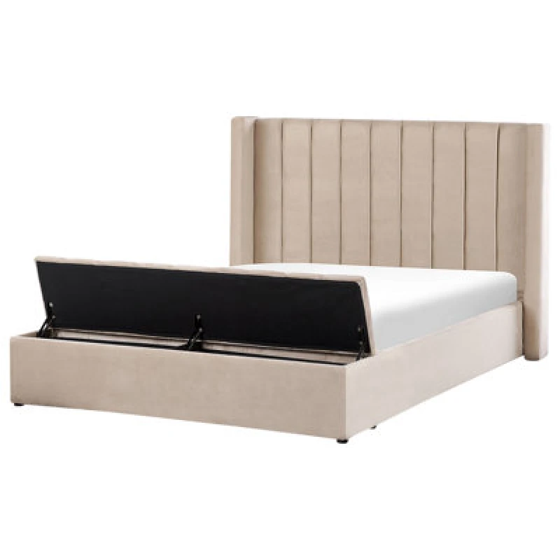 Image of Beliani Bed With Storage Bench Velvet Noyers 160 X 200 Cm (Eu King Size) Beige