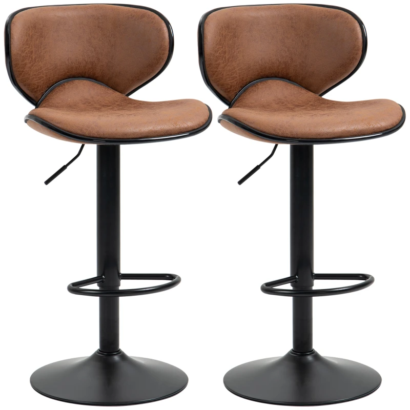Image of HOMCOM Kitchen Stool Set of 2, Microfiber Cloth Adjustable Height Armless Bar Chairs with Swivel Seat, Footrest, Brown Aosom UK