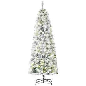 image of HOMCOM 6 Feet Prelit Artificial Snow Flocked Christmas Tree with Warm White LED Light, Holiday Home Xmas Decoration, Green White