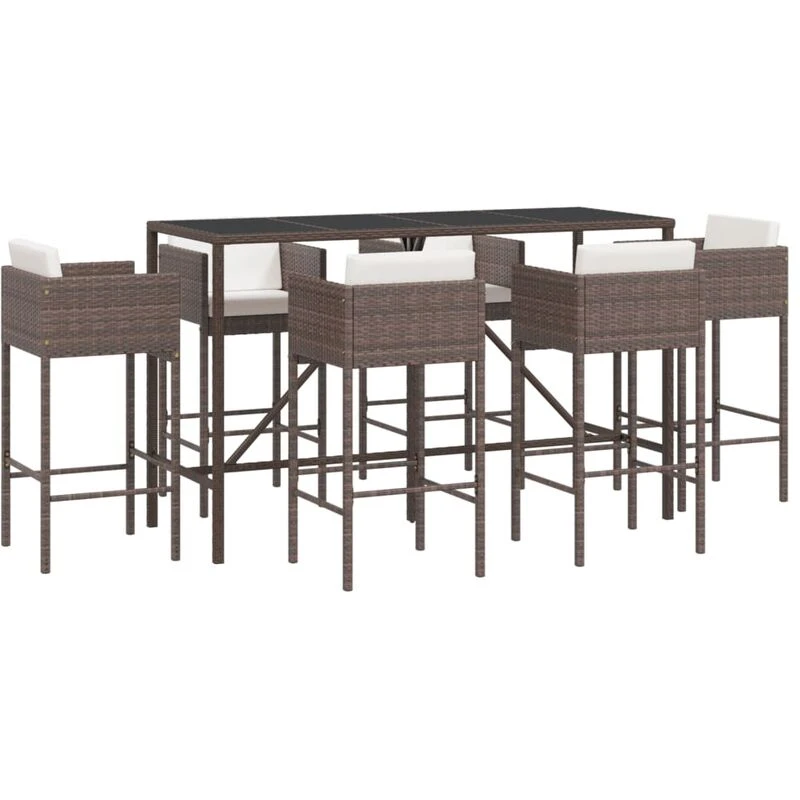 Image of vidaXL 7 Piece Garden Bar Set with Cushions Brown Poly Rattan, Brown 3203933