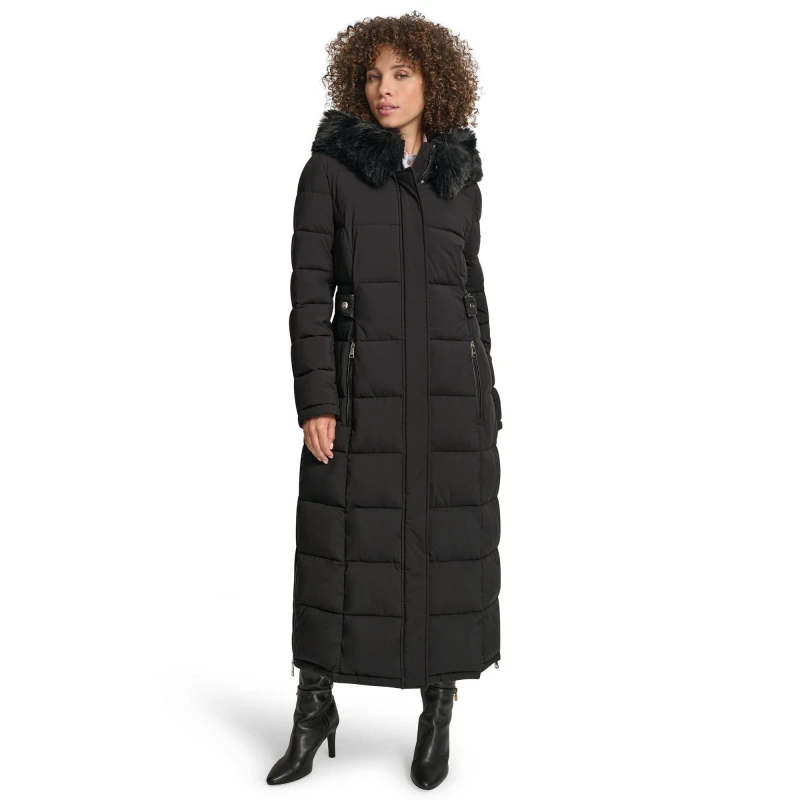 Image of DKNY Womens Longline Long Puffer Jacket Black female 8 (XS)