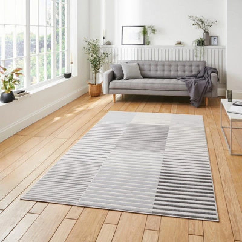 Image of Grey Ivory Striped Modern Easy To Clean Rug For Dining Room-160Cm X 220Cm
