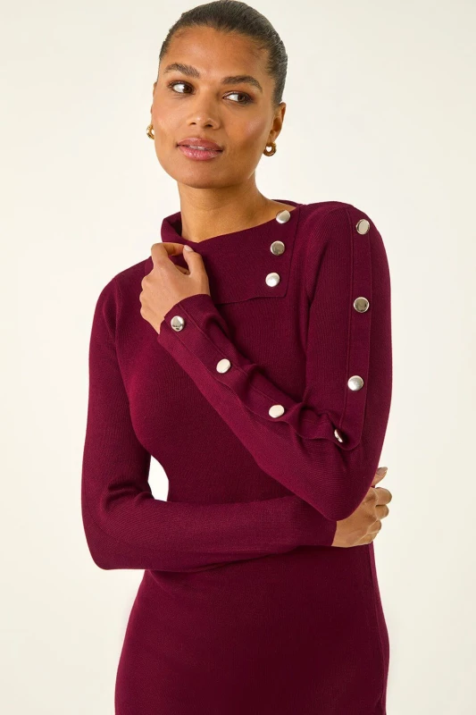 Image of Roman Womens Button Detail Roll Neck Jumper Dress in Wine Size: 16 Wine Female 16