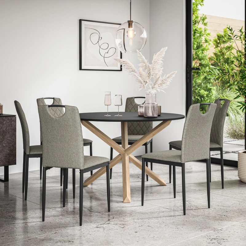 Image of More4Homes Malvern Round Dining Table And Chairs - Black Table Top W Solid Oak Legs + Monza Fabric Dining Chair Set Of 6 (Grey)