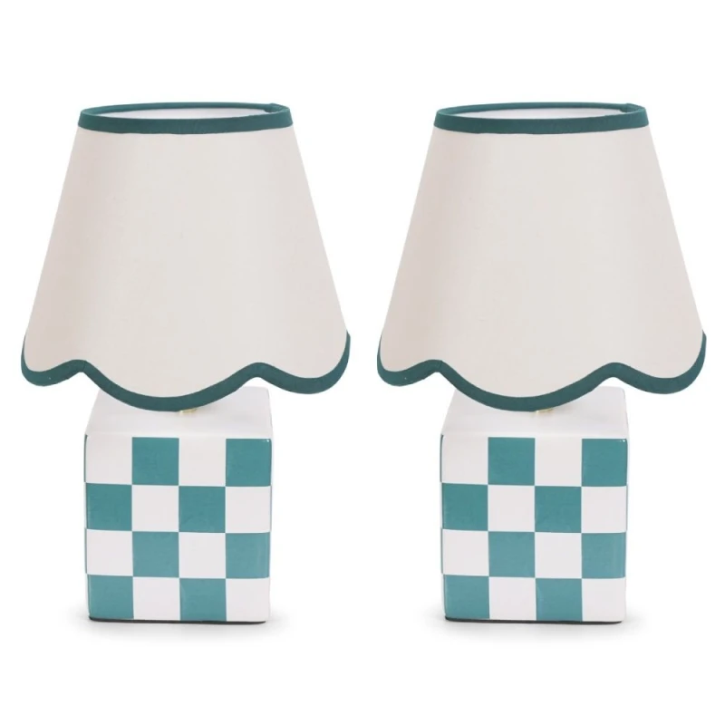 Image of ValueLights Evie Pair Ceramic Cube Sage Green Trim Linen Scallop Shade Table Lamp & LED Bulb Green