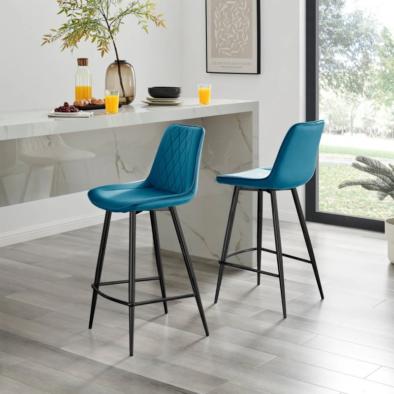 Image of FurnitureboxUK FurnitureboxUK Pesaro Set of 2 Velvet Black Legs Bar Chair in Blue Blue One Size Unisex 5056542696473