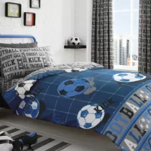 Image of Football Print Reversible Duvet Cover Set, Blue, Single - Bedlam