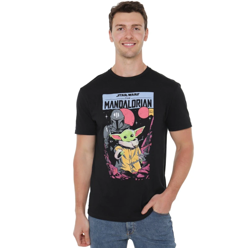 Image of Star Wars Men Star Wars The Mandalorian Baby Yoda Grogu Comic Mens T-Shirt Black Size: Small Black S Male 5052777759044
