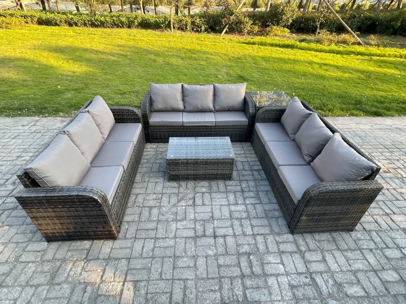 Image of Fimous Rattan Lounge Sofa Set 9 Seater Outdoor Garden Furniture Set with Rectangular Coffee Table 3 Seater Sofa Side Table Dark Grey