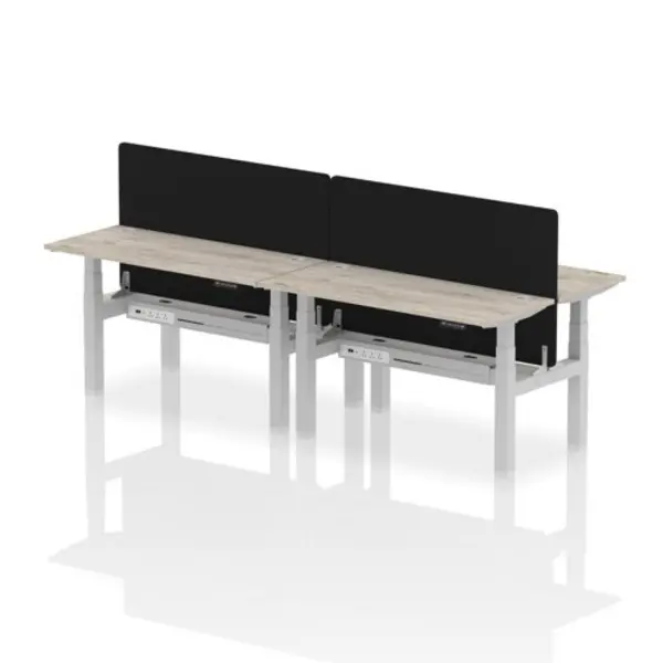Image of Air Air Back-to-Back 1400 x 600mm Height Adjustable 4 Person Bench Desk Grey Oak Top with Cable Ports Silver Frame with Black Straight Screen HASCP4P