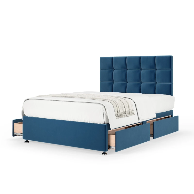 Image of Bedmaster Bedmaster Plush Velvet 4 Drawer Divan Base And Square Headboard in Blue Size: Super King Blue Super King Unisex 7867870646027