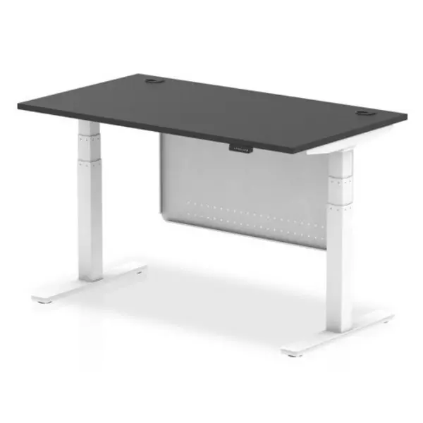 Image of Air Black Series 1400 x 800mm Height Adjustable Desk Black Top with Cable Ports White Leg With White Steel Modesty Panel