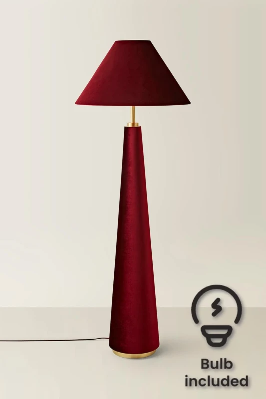 Image of ValueLights ValueLights Martha Velvet Midi Floor Lamp with Conical Velvet Lamp Shade and Bulb in Burgundy Burgundy One Size Unisex 5059406070365