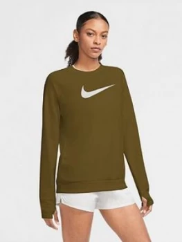 Image of Nike Running Ls Swoosh Crew Top, Olive, Size L, Women