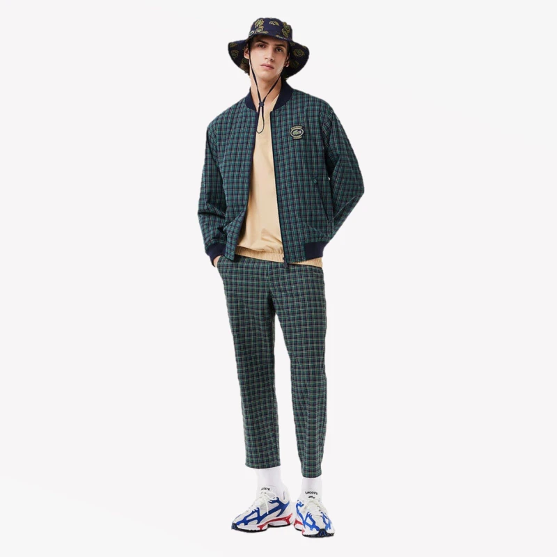 Image of Lacoste Mens Checked Harrington Merino Wool Long Sleeve Bomber Jacket Navy Blue/Multi male S