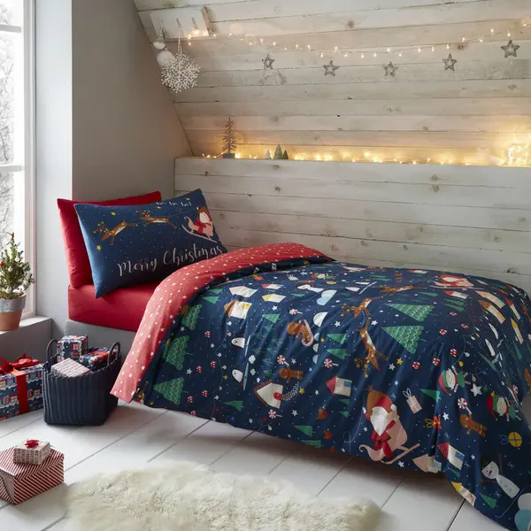 image of CATHERINE LANSFIELD Christmas Santas Wonderland Glow In The Dark Duvet Cover Set, Navy, Single - Catherine Lansfield BD/55525/W/SQS/NA