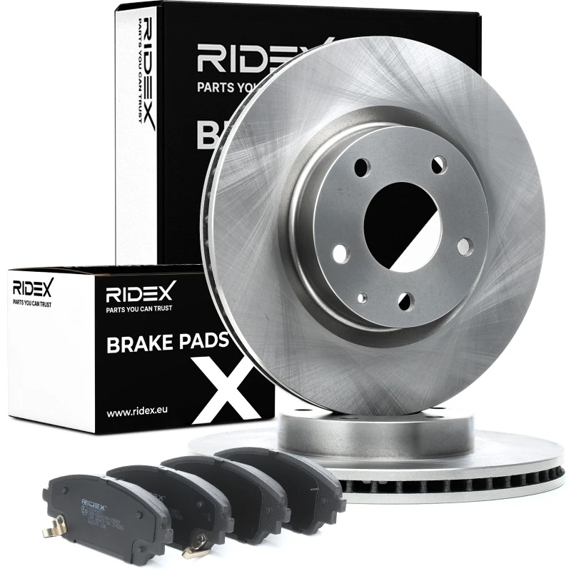 Image of RIDEX 3405B1160 Brake disc and pads set Front Axle, Brake Disc Type: internally vented, with acoustic wear warning Brake Set,disc brakes (3405)