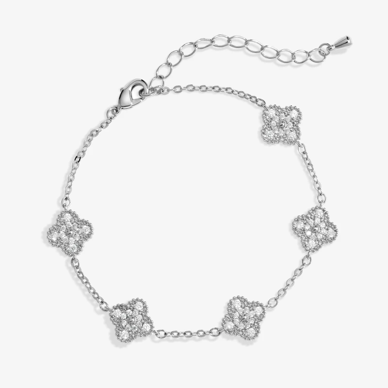 Image of Jon Richard Rhodium Plated Pave Station Clover Bracelet Silver