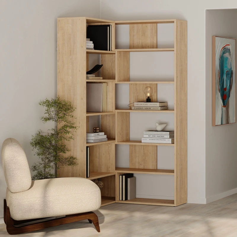 Image of DECORTIE Decortie - Molly Modern Corner Multipurpose Bookcase Display Unit No. 4 Tall 178.6cm - Oak - Oak M.KT.02.12716.4