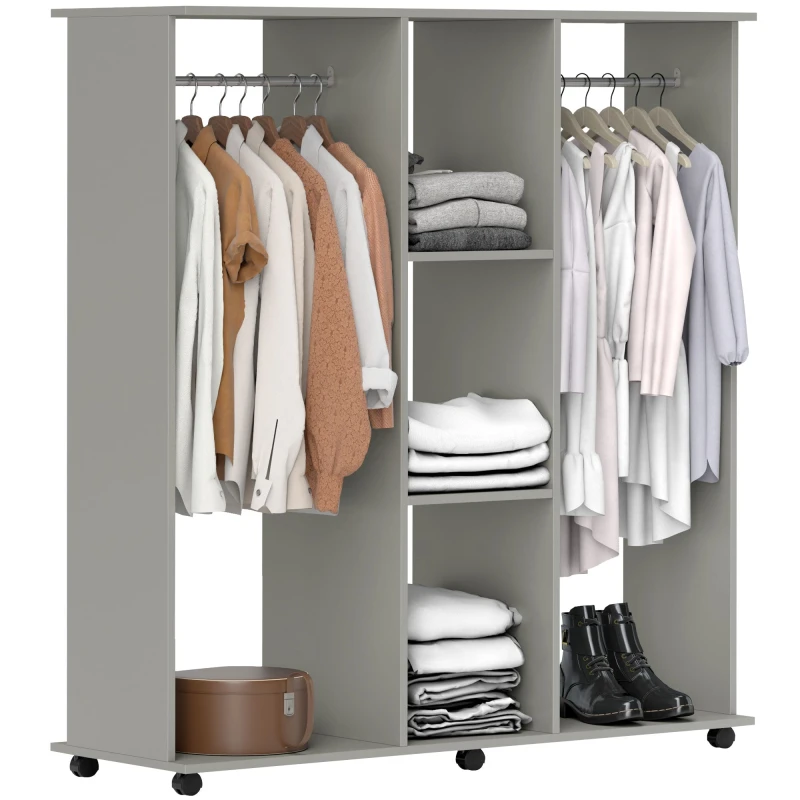 Image of HOMCOM Mobile Double Open Wardrobe w/ Clothes Hanging Rail Clothing Grey TJ Hughes 5061025071388