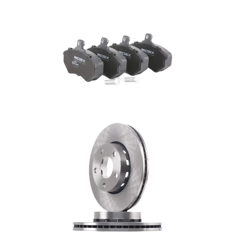Image of RIDEX 3405B2793 Brake disc and pads set Front Axle, Brake Disc Type: internally vented, not prepared for wear warning indicator Brake Set,disc brakes