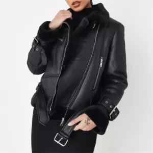 image of Missguided Premium Petite Faux Fur Aviator Jacket - Black