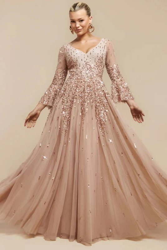 Image of Goddiva Womens Sunray Sequin A Line Bell Sleeve Maxi Dress in Medium Beige Size: 8 Medium Beige Female 8