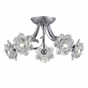 image of Nielsen Iseo Chrome 5 Light Fitting Featuring Glass Flower And Leaf Decoration