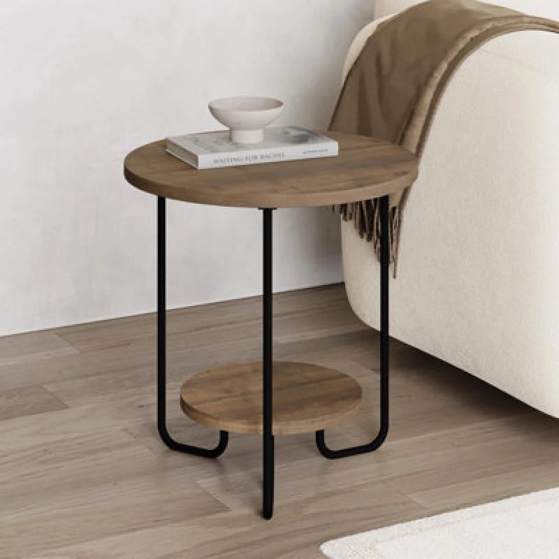 Image of FWStyle FWStyle 2 Tier Round Dark Oak Side Lamp Table in Brown Brown One Size Unisex 8683628019740