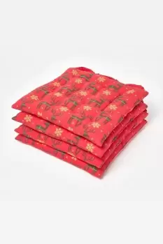 image of Red Reindeer Christmas Seat Pad 100% Cotton Set of 4