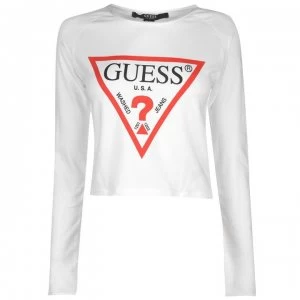 Guess Cropped Logo Long Sleeve T Shirt - White