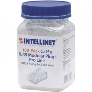 image of INTELLINET 100er-Pack Cat5e RJ45 modular plug Pro Line UTP 3-point wire contacting for solid wire 100 plugs in the beaker 50 µ gold-plated contacts Cr