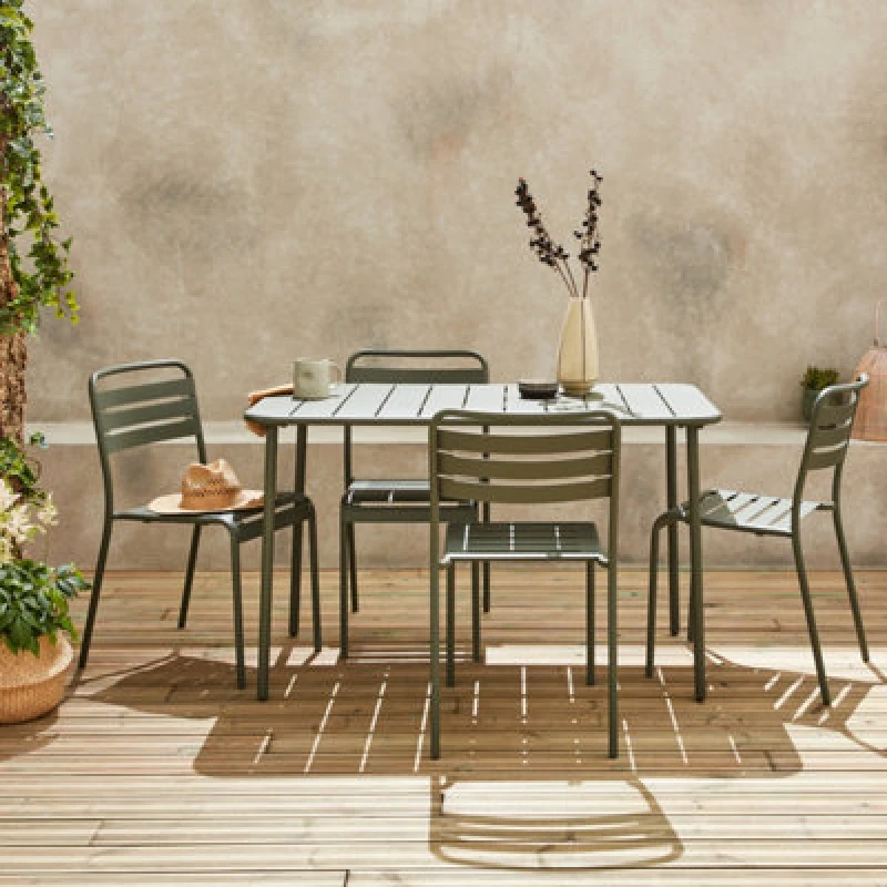 Image of Sweeek - 4-Seater Rectangular Steel Garden Table With 4 Chairs Khaki Green 120X70X72.5cm - Amelia