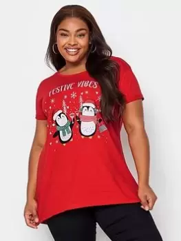 Image of Yours Novelty Tee - Festive Vibes, Red, Size 16, Women