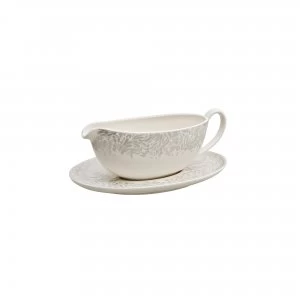 Denby Monsoon Filigree Silver Sauce Boat and Stand