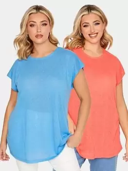 Image of Yours Linen Look T-Shirt 2 Pack - Turquoise/Hot Pink, Blue, Size 14, Women