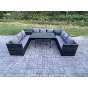 Image of Fimous 9 Seater Outdoor Dark Grey Rattan Lounge Complete Sofa Set with Rectangular Dining Table and Side Tables